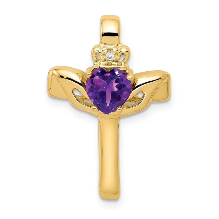 6mm Claddagh Amethyst AA Diamond Cross Pendant 14k Gold XP753AM/AA