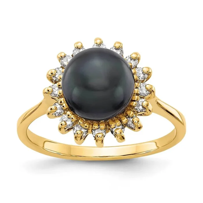 7.5mm Black Fw Cultured Pearl Aa Diamond Ring 14k Gold Y4378BP/AA