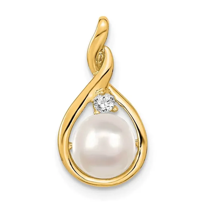 7mm White Round Freshwater Cultured Pearl Vs Diamond Pendant 14k Gold XP246PL/VS