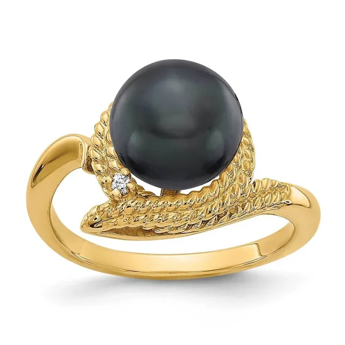 8.5mm Black Freshwater Cultured Pearl Diamond Ring 14k Gold Y2026BP_AA