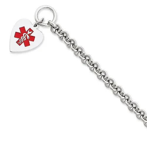 8.75 Inch Enameled Heart Medical ID Bracelet Engravable Sterling Silver XSM93-8.75