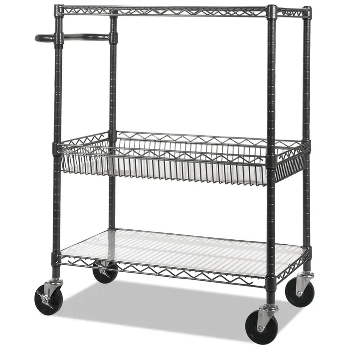 Alera® Three-Tier Wire Cart with Basket, Metal, 2 Shelves, 1 Bin, 500 lb Capacity, 34″ x 18″ x 40″, Black Anthracite