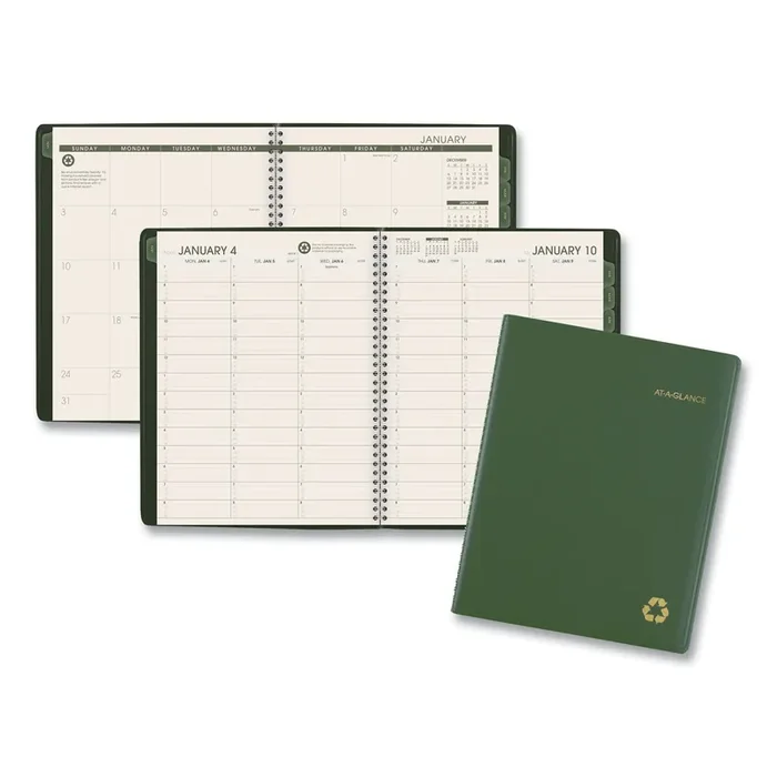 AT-A-GLANCE® Recycled Weekly Vertical-Column Format Appointment Book, 11 x 8.25, Green Cover, 12-Month (Jan to Dec) 2025