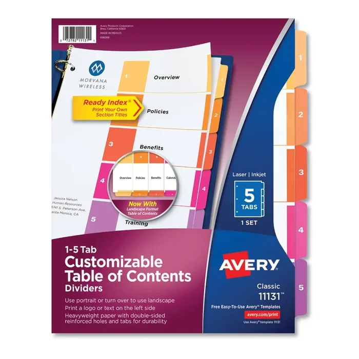 Avery® Customizable TOC Ready Index Multicolor Tab Dividers, 5-Tab, 1 to 5, 11 x 8.5, White, Traditional Color Tabs, 1 Set