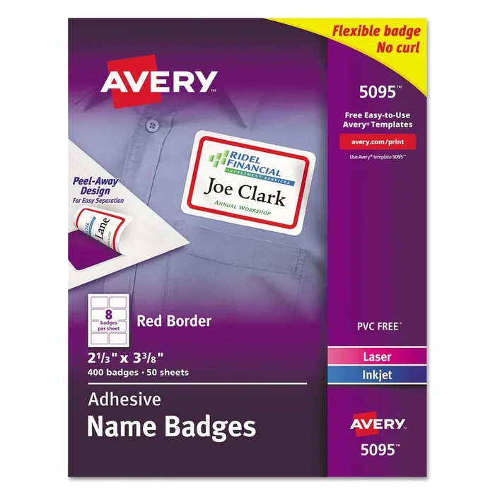 Avery® Flexible Adhesive Name Badge Labels, 3.38 X 2.33, White/red Border, 400/box