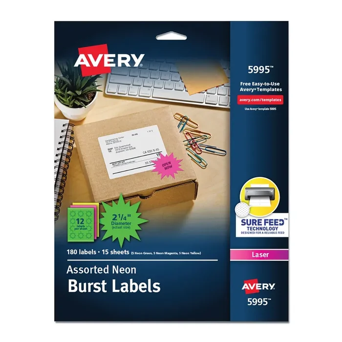 Avery® High-Visibility ID Labels, Laser Printers, 2.25″ dia, Assorted, 12/Sheet, 15 Sheets/Pack