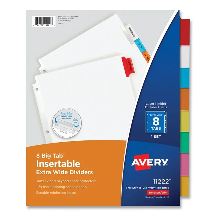Avery® Insertable Big Tab Dividers, 8-Tab, 11.13 x 9.25, White, Assorted Tabs, 1 Set