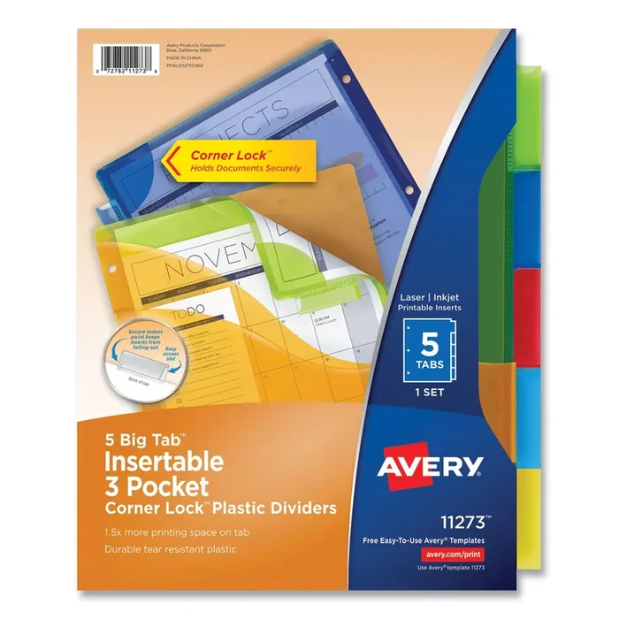 Avery® Insertable Big Tab Plastic Three-Pocket Corner Lock Dividers, 5-Tab, 11.13 X 9.25, Assorted, 1 Set