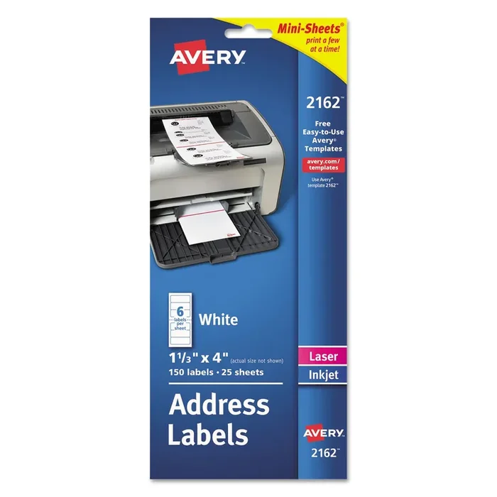 Avery® Mini-Sheets Mailing Labels, Inkjet/laser Printers, 1 X 2.63, White, 8/sheet, 25 Sheets/pack