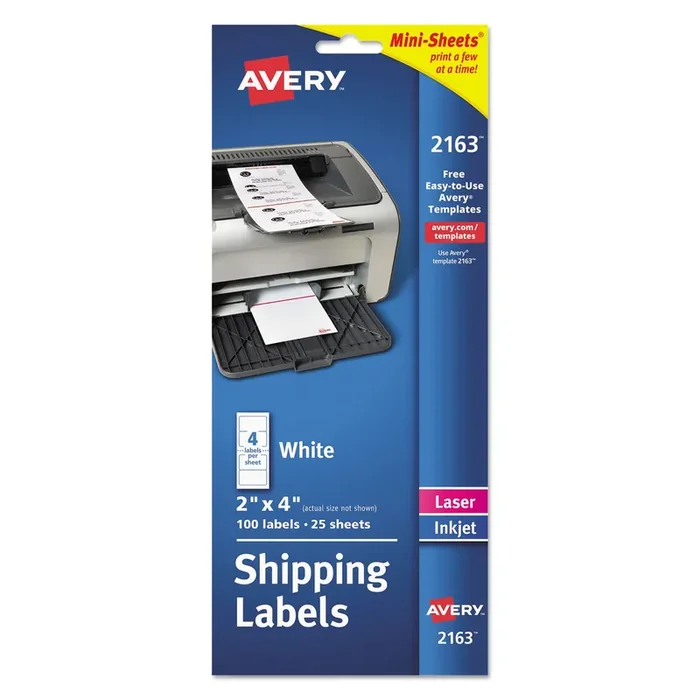 Avery® Mini-Sheets Mailing Labels, Inkjet/laser Printers, 2 X 4, White, 4/sheet, 25 Sheets/pack