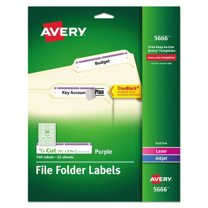 Avery® Permanent Trueblock File Folder Labels With Sure Feed Technology, 0.66 X 3.44, White, 30/sheet, 25 Sheets/pack