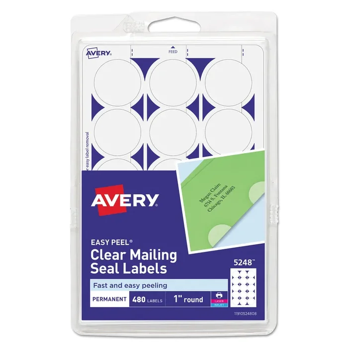 Avery® Printable Mailing Seals, 1″ dia, Clear, 15/Sheet, 32 Sheets/Pack, (5248)
