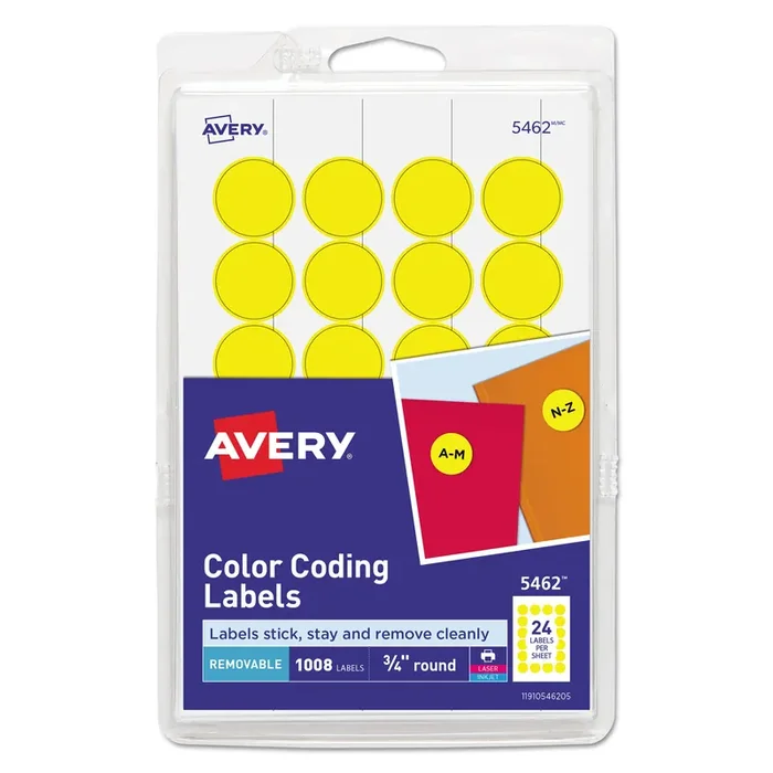 Avery® Printable Self-Adhesive Removable Color-Coding Labels, 0.75″ dia, Yellow, 24/Sheet, 42 Sheets/Pack, (5462)
