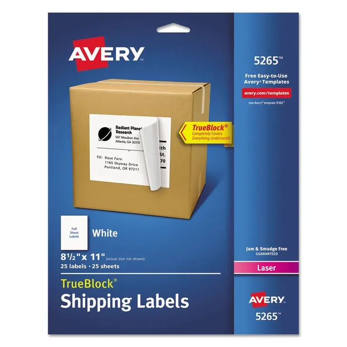 Avery® Shipping Labels With Trueblock Technology, Laser Printers, 8.5 X 11, White, 25/pack