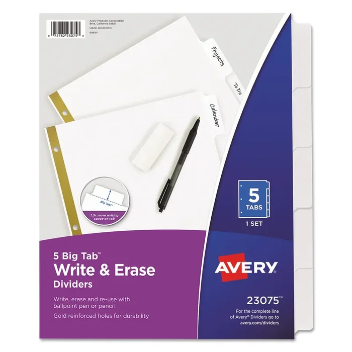 Avery® Write and Erase Big Tab Paper Dividers, 5-Tab, 11 x 8.5, White, White Tabs, 1 Set