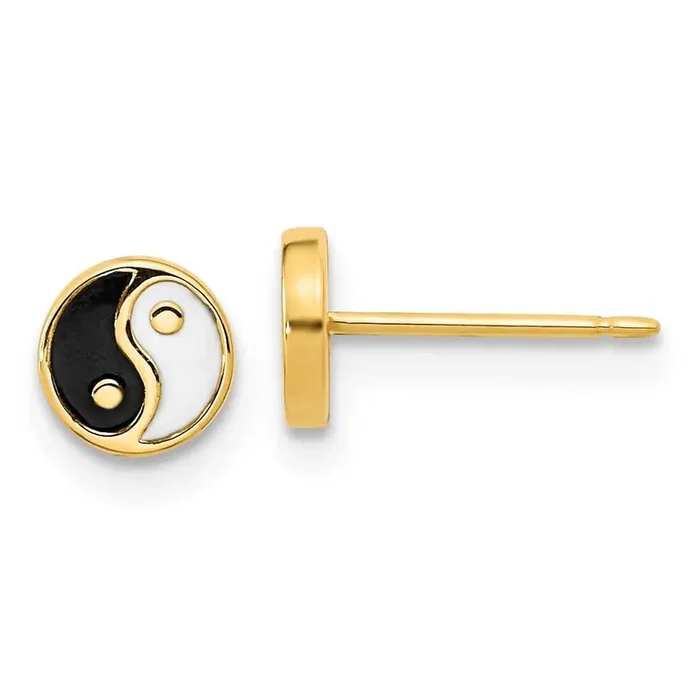 Black White Enamel Yin and Yang Post Earrings 14k Gold YE2073