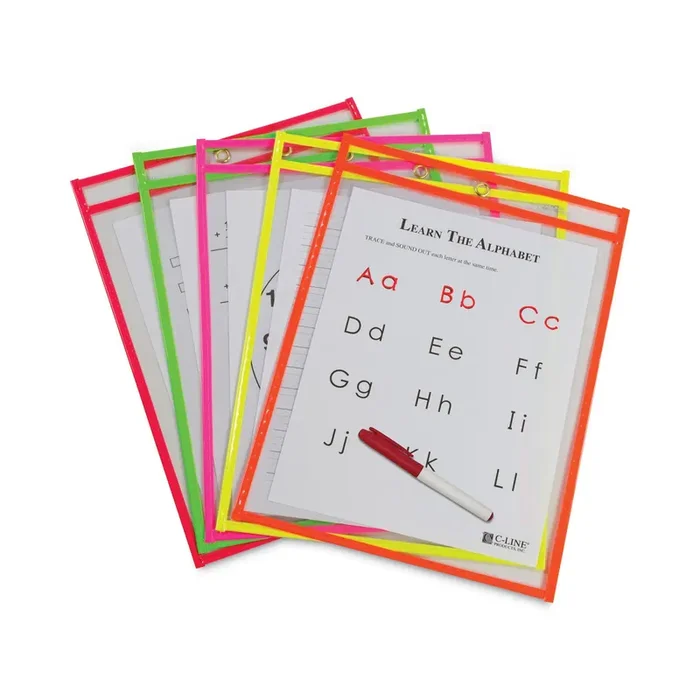 C-Line® Reusable Dry Erase Pockets, 9 X 12, Assorted Neon Colors, 10/pack
