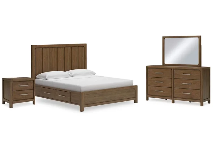 Cabalynn California King Panel Bed with Storage with Mirrored Dresser and Nightstand