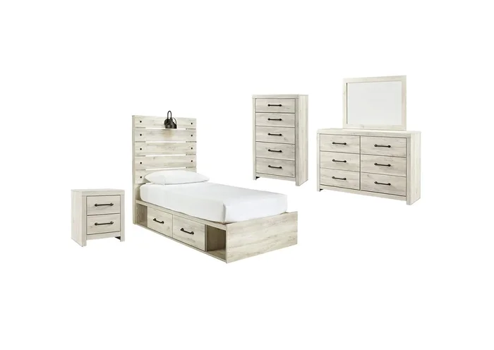 Cambeck Twin Panel Bed with 4 Storage Drawers with Mirrored Dresser, Chest and Nightstand