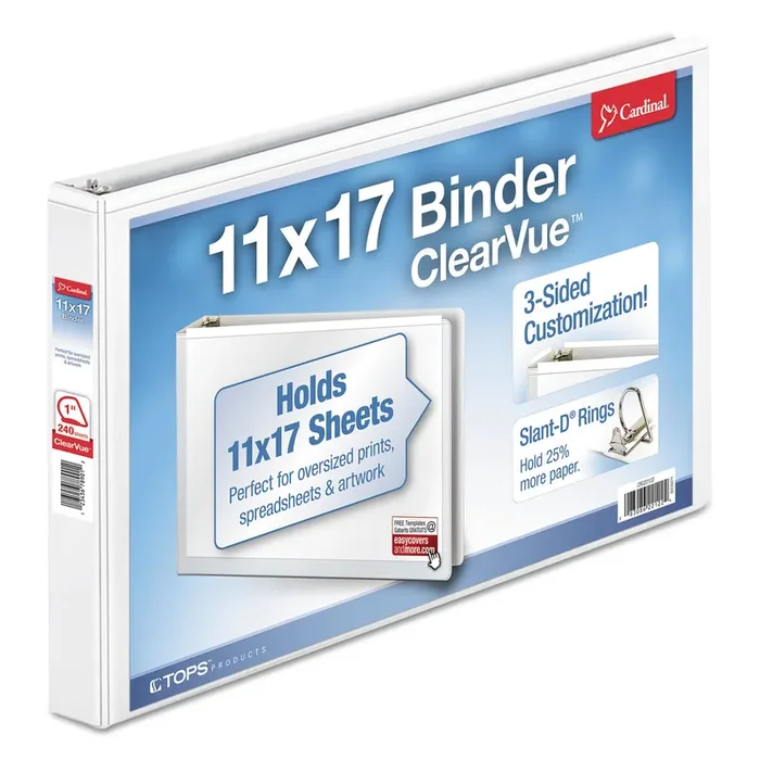 Cardinal® Clearvue Slant-D Ring Binder, 3 Rings, 1″ Capacity, 11 X 17, White