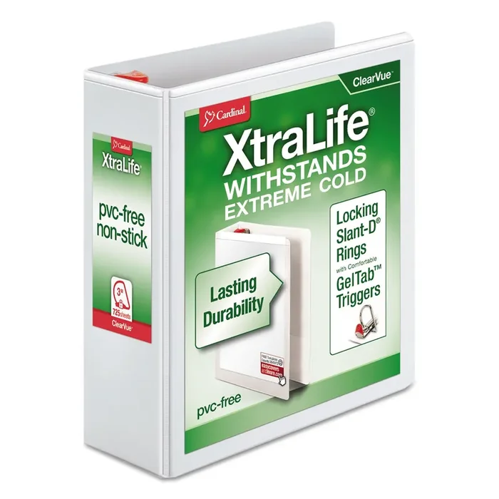 Cardinal® XtraLife ClearVue Non-Stick Slant-D Ring Binder, 3 Rings, 3″ Capacity, 11 x 8.5, White