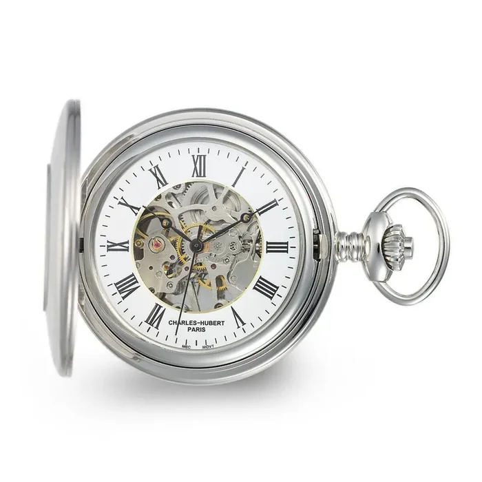 Charles Hubert Stainless Hunter Case with Shield Skeleton Pocket Watch XWA6108
