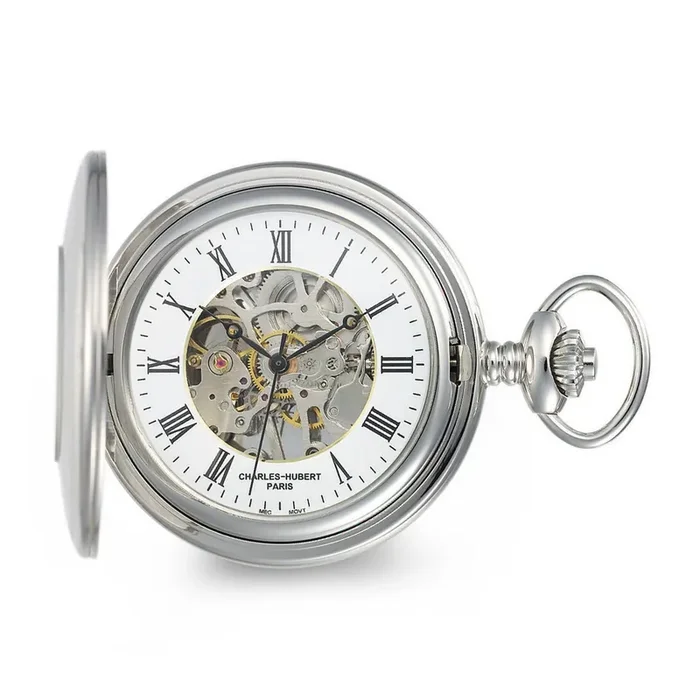 Charles Hubert Stainless with Oval Engraving Area Skeleton Pocket Watch XWA6115