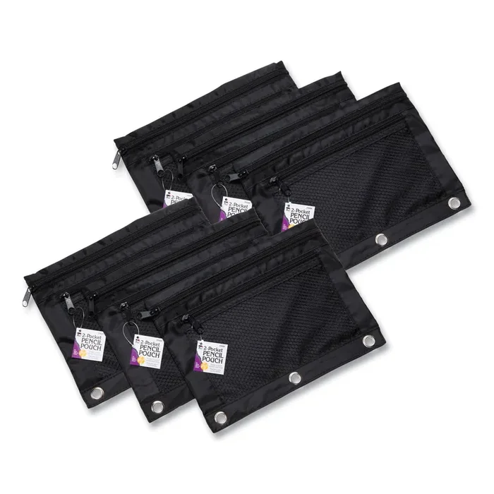 Charles Leonard® Two-Pocket Binder-Insertable Pencil Pouch with Mesh Front, 2 Compartments, 3-Hole Punched, 11″ x 9″, Black, 6/Pack
