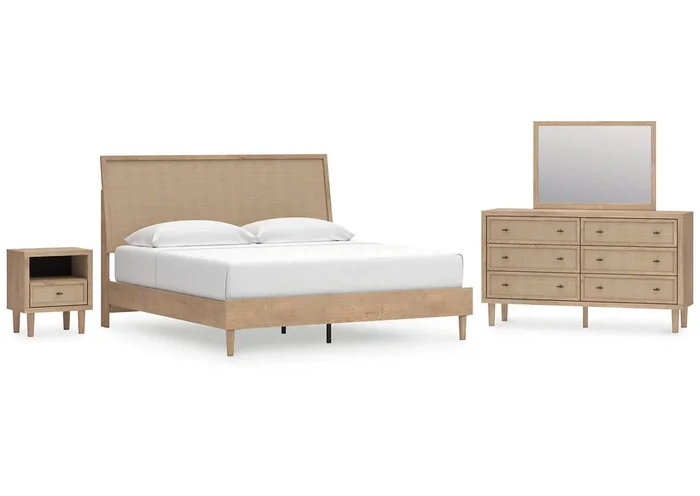 Cielden King Panel Bed with Mirrored Dresser and Nightstand