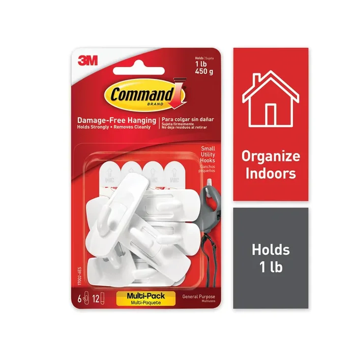 Command™ General Purpose Hooks, Small, Plastic, White, 1 lb Capacity, 6 Hooks and 12 Strips/Pack