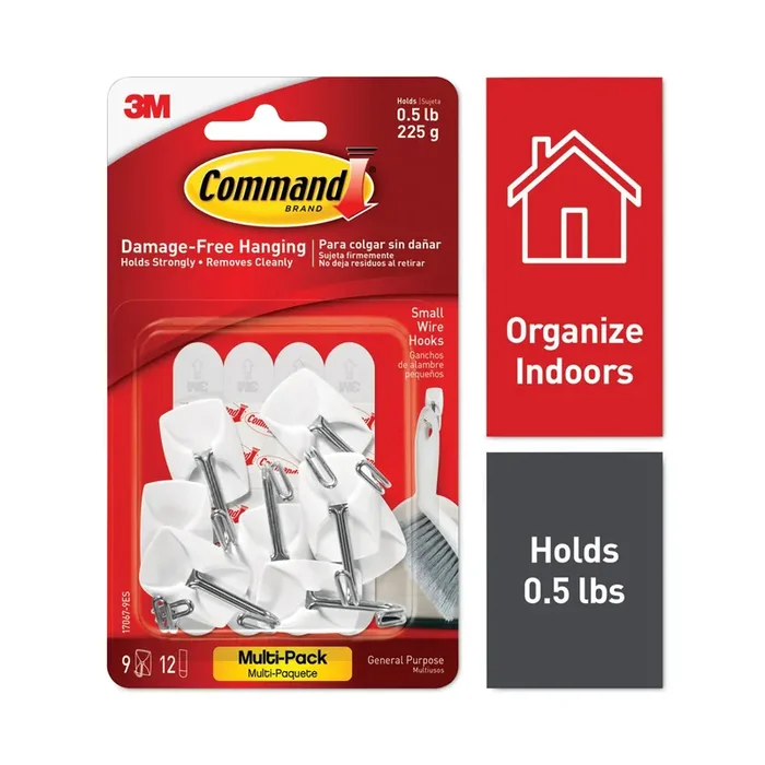 Command™ General Purpose Wire Hooks Multi-Pack, Small, Metal, White, 0.5 lb Capacity, 9 Hooks and 12 Strips/Pack