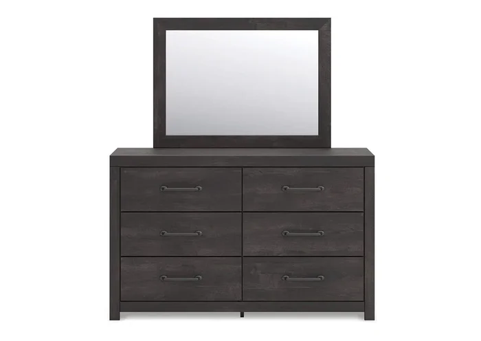 Delmorta King Panel Bed with Mirrored Dresser and Nightstand