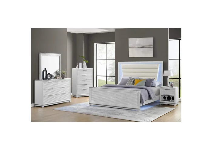 Denmark Full Upholstered 3 Piece Bedroom Set With Lights In White
