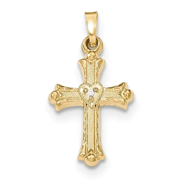 Diamond , Textured, Brushed & Polished Fleur de lis Cross Pendant 14k Gold XR1464
