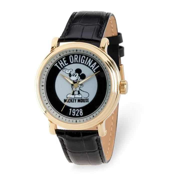 Disney Adult Gold-tone Mickey Mouse 1928 Black Leather Band Watch XWA5895