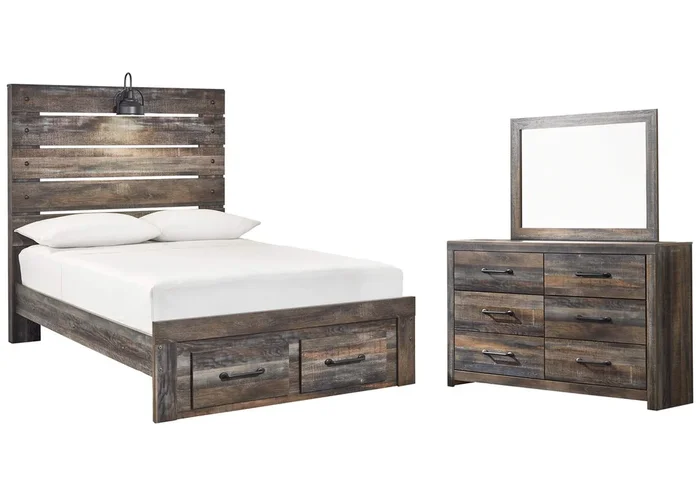 Drystan Full Panel Bed with 2 Storage Drawers with Mirrored Dresser