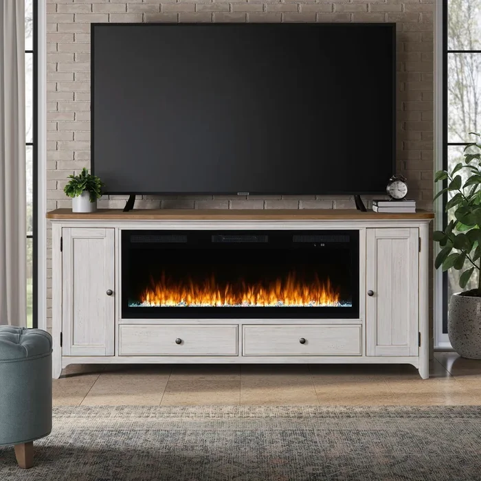Fireplace TV Consoles – 80″ Console With Fire FTS Set – Brown / White