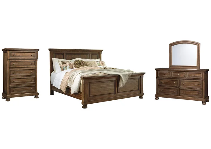 Flynnter King Panel Bed with Mirrored Dresser and Chest