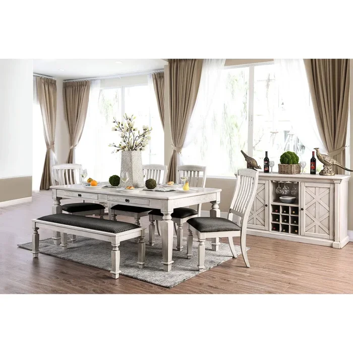 Furniture Of America Georgia Antique White/Gray Transitional 6-Piece Dining Table Set With Bench Model CM3089T-6PC