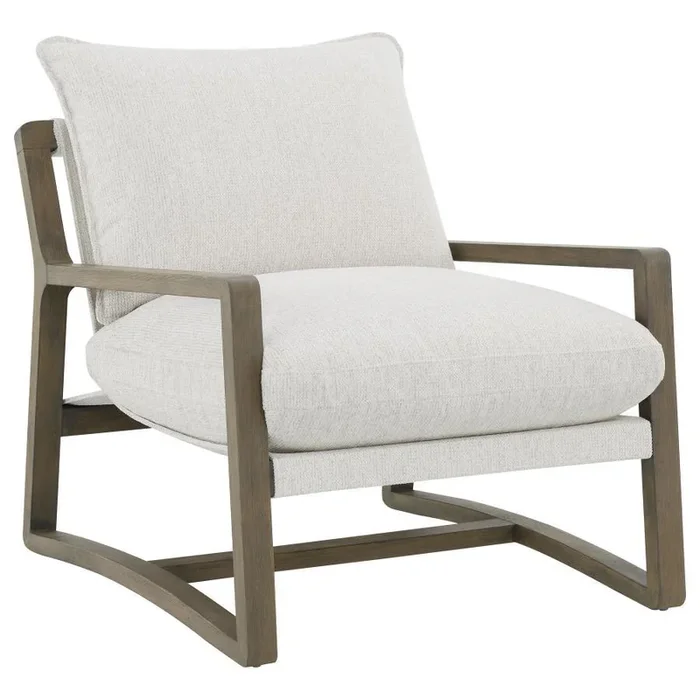Geneva Bouclé Upholstered Wood Arm Accent Chair in Sand – Modern Living Room Chair with Plush Foam Cushions and Solid Ash Brown Frame for Comfort & Style