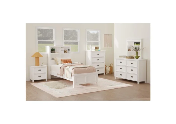 Hampton Kids Twin Bookcase 5 Piece Bedroom Set In White