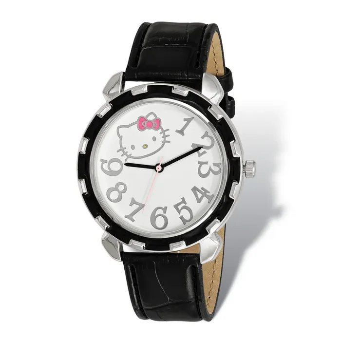 Hello Kitty Silver-tone Black Enamel Faux Leather Watch XWA5071