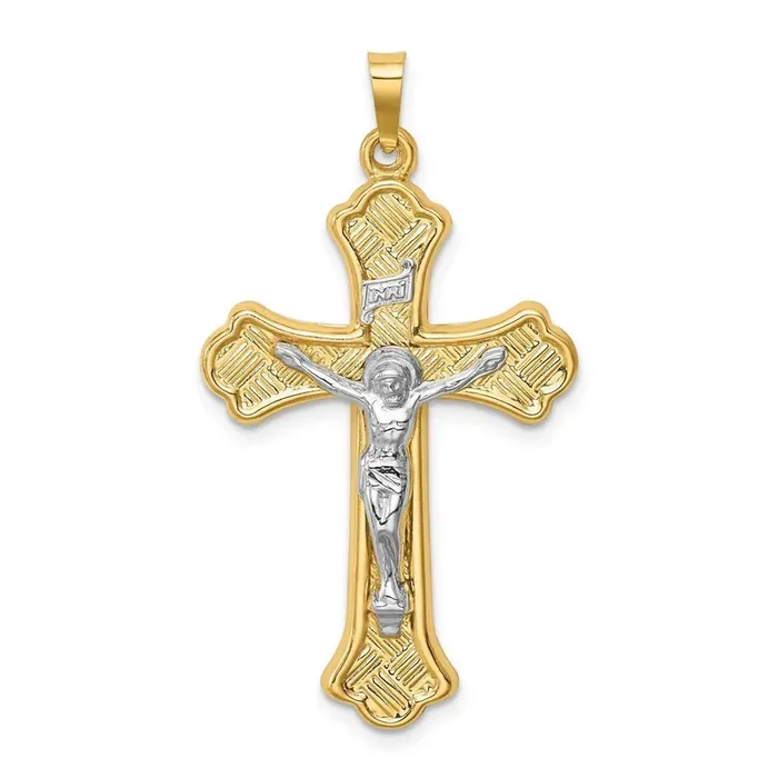 Hollow Polished Woven Fleur de Lis Crucifix 14k Two-tone Gold XR1858