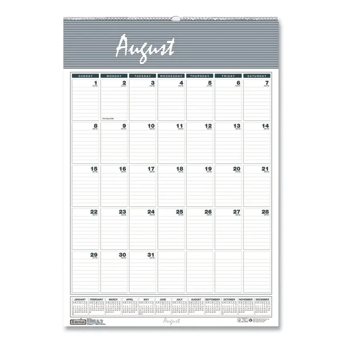 House of Doolittle™ Academic Year Bar Harbor Recycled Wirebound Monthly Wall Calendar, 12 x 17, White/Blue Sheets, 12-Month (Aug-July) 2024-2025
