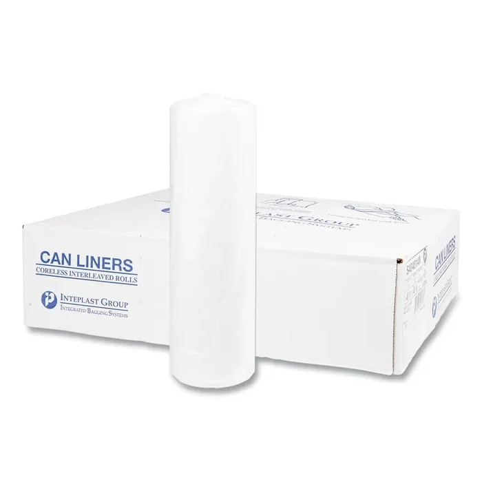 Inteplast Group High-Density Commercial Can Liners, 45 gal, 14 mic, 40″ x 48″, Clear, Interleaved Roll, 25 Bags/Roll, 10 Rolls/Carton