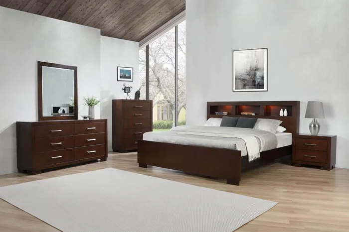 Jessica 5-Piece Queen Bedroom Set with Bookcase Headboard Cappuccino