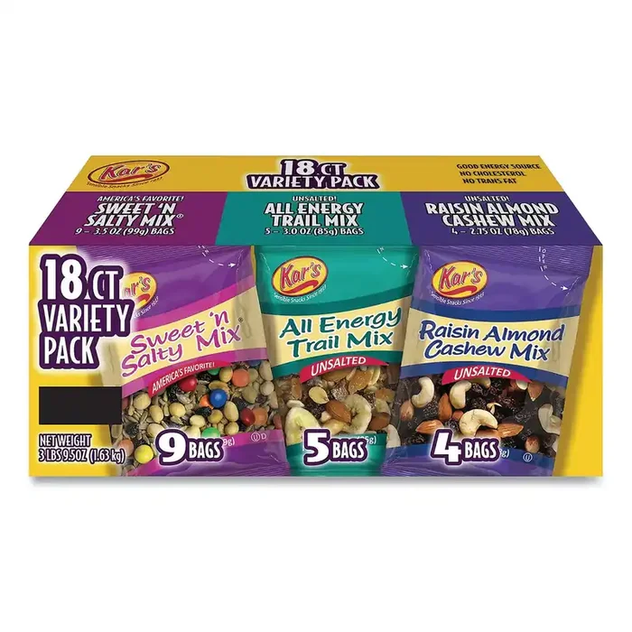 Kar‘s Trail Mix Variety Pack, Assorted Flavors, 18 Packets/Carton