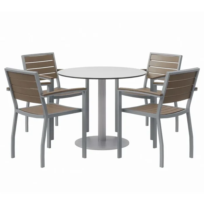 KFI Studios Eveleen Outdoor Patio Table, Four Mocha Powder-Coated Polymer Chairs, Round, 36″ Dia x 29h, Fashion Gray