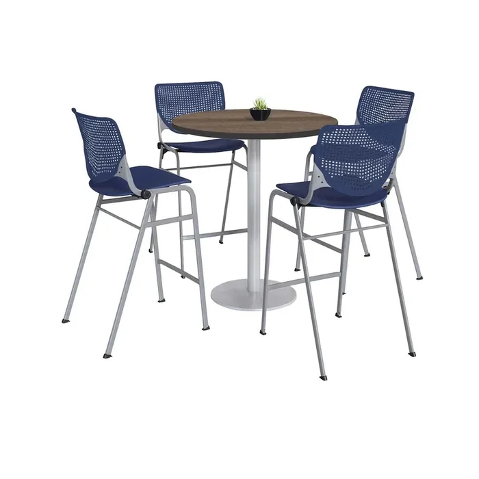 KFI Studios Pedestal Bistro Table with Four Navy Kool Series Barstools, Round, 36″ Dia x 41h, Studio Teak