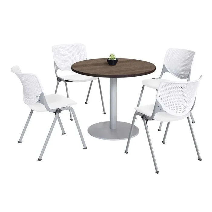 KFI Studios Pedestal Table with Four White Kool Series Chairs, Round, 36″ Dia x 29h, Studio Teak